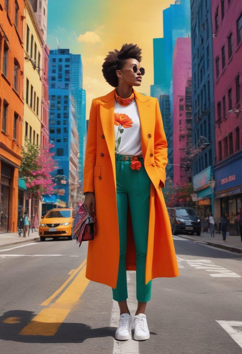 A stylish individual standing in front of a vibrant cityscape, showcasing a blend of contemporary fashion and elements symbolizing personal growth, like a blooming flower or an upward arrow. Bright, inspiring colors radiate from their outfit and surroundings, representing positivity and transformation. Include accessories like a journal and motivational quotes in the background. The atmosphere should be lively and empowering. super-realistic. vibrant colors. 3D.
