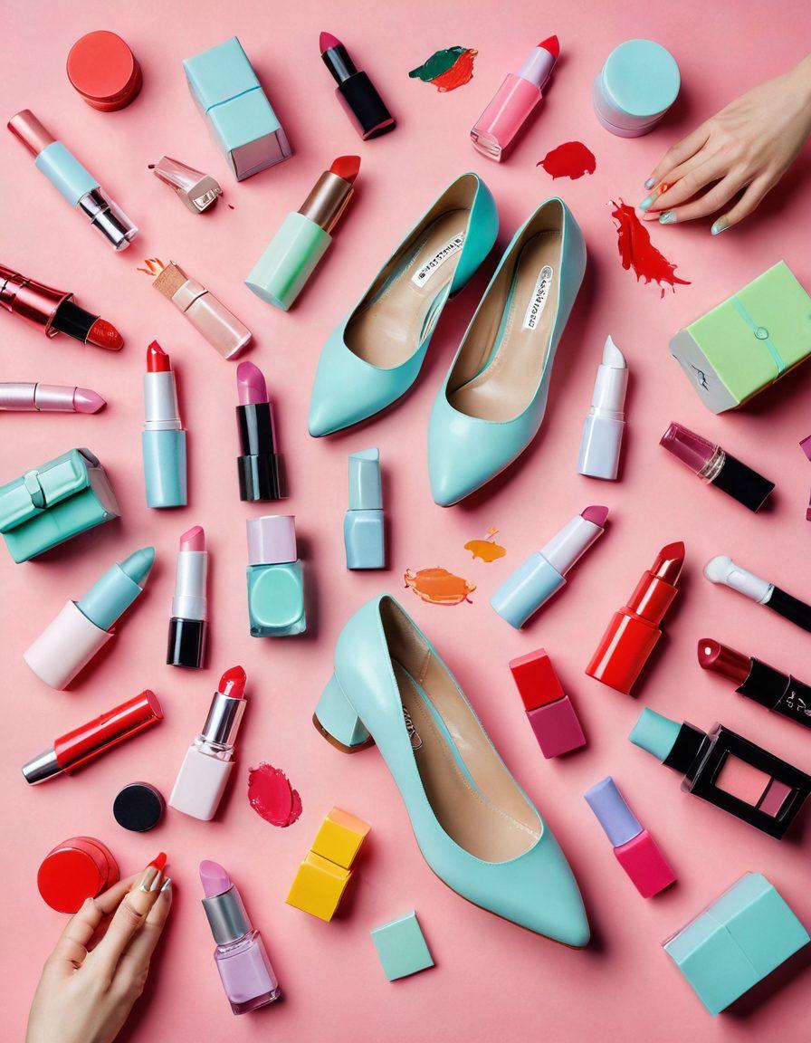 A stylish flat lay of various Mary Jane shoes in vibrant colors, surrounded by beauty products like lipsticks, nail polishes, and accessories. Incorporate a soft pastel background to convey a trendy, fresh vibe. Include a pair of well-manicured hands on the side, showcasing nail art that complements the shoes. Emphasize creativity and fashion fusion. bright colors. minimalistic. contemporary.